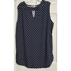 StitchWurks Navy Blue Sleevless Blouse With White Polka Dots. Key Hole, 1X